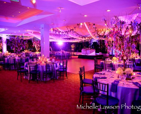 A purple and blue themed reception
