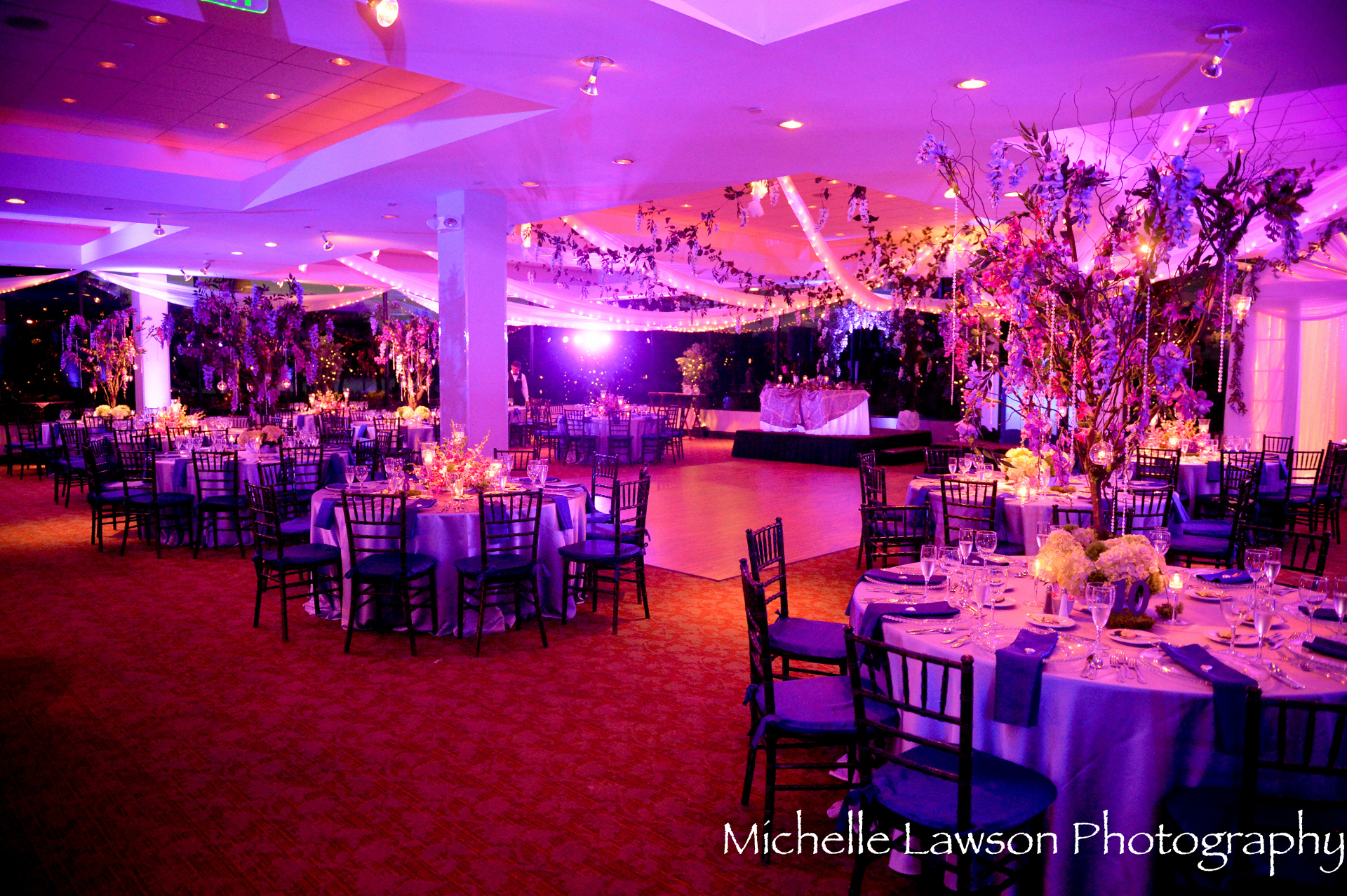 A purple and blue themed reception