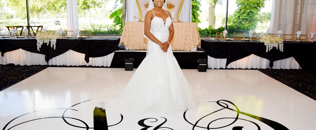 A bride on a white and black theme floor