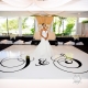 A bride on a white and black theme floor