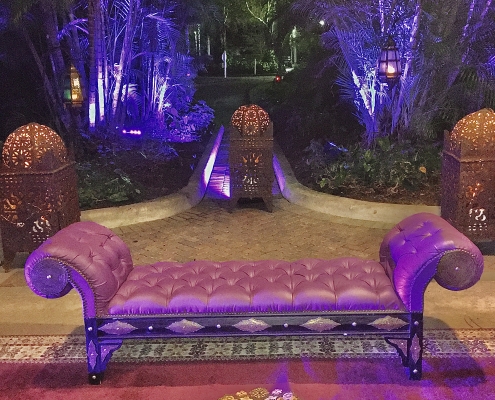 A photoshoot area in front of large trees